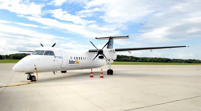 Intersky verbindet Hamburg mit Karlsruhe / Baden-Baden InterSky Turboprop-Maschine vom Typ Dash 8-Q300 (Quelle: InterSky)
