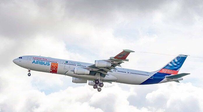 A340-300 hebt mit laminarem Testflügel ab