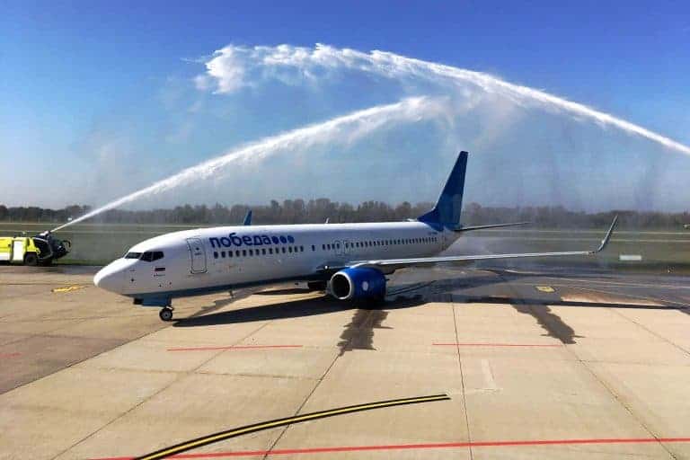 Empfangsfontänen für Boeing der Pobeda aus Russland