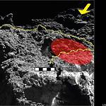 Untersuchte Region auf Ryugu: Nahaufnahme des von MASCOT untersuchten Steins: Der Gelbe Pfeil zeigt die Beleuchtungsrichtung, die gepunktete Linie trennt den beobachteten Stein vom Hintergrund. Das rot eingefärbte Gebiet zeigt den Teil des Steins, in dem vom Radiometer MARA die Oberflächentemperatur gemessen wurde, die gestrichelte Line zeigt einen Vorsprung im Stein. Der Maßstab in der Mitte des Bildes zeigt die Dimensionen in dieser Entfernung von der Kamera. Aufgenommen hat das Bild die DLR-Kamera MASCAM auf MASCOT.