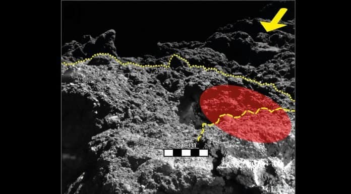 Asteroidenlander MASCOT liefert Antworten und Bilder Untersuchte Region auf Ryugu: Nahaufnahme des von MASCOT untersuchten Steins: Der Gelbe Pfeil zeigt die Beleuchtungsrichtung, die gepunktete Linie trennt den beobachteten Stein vom Hintergrund. Das rot eingefärbte Gebiet zeigt den Teil des Steins, in dem vom Radiometer MARA die Oberflächentemperatur gemessen wurde, die gestrichelte Line zeigt einen Vorsprung im Stein. Der Maßstab in der Mitte des Bildes zeigt die Dimensionen in dieser Entfernung von der Kamera. Aufgenommen hat das Bild die DLR-Kamera MASCAM auf MASCOT.