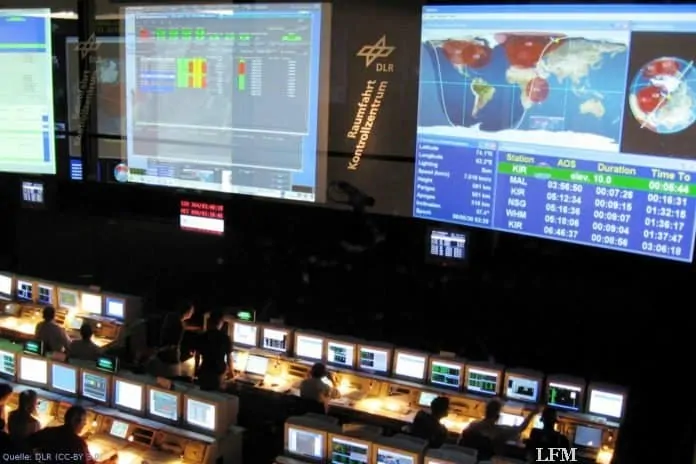 EDRS-Kontrollraum im GSOC: Das Deutsche Raumfahrtkontrollzentrum (GSOC) in Oberpfaffenhofen ist für die Steuerung der Nutzlasten in EDRS, die Kontrolle des Satelliten EDRS-C und den Betrieb der Empfangsstationen verantwortlich.