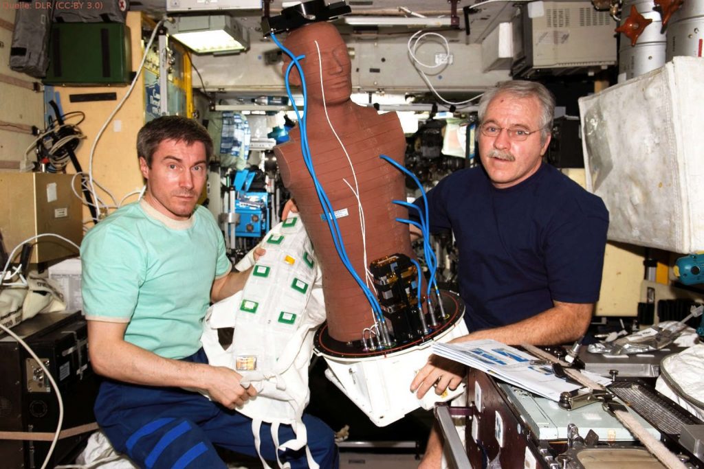 MATROSHKA misst die Weltraumstrahlung: Die Astronauten Sergey Krikalev (l.) und John Phillips mit der Spezialpuppe MATROSHKA zur Messung der Weltraumstrahlung. Das Foto wurde auf der ISS aufgenommen.