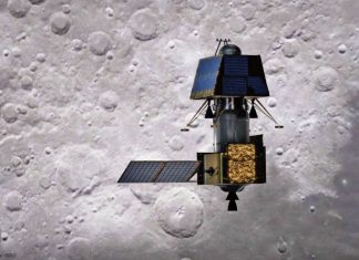 Indischer Mondorbiter Chandrayaan-2 und Mondlandemodul Vikram: Nach dem Start der zweiten indischen Mondmission, Chandrayaan-2, am 22. Juli 2019 vom indischen Weltraumbahnhof Sriharikota erreichte die Sonde am 20. August die Mondumlaufbahn. Am 2. September wurde die Landesonde Vikram (in der künstlerischen Darstellung der obere Teil des Raumsonden-Gespanns) von Chandrayaan-2 abgetrennt und absolvierte erfolgreich zwei Steuermanöver, die das Modul in einen elliptischen Orbit von 101 Kilometern mal 35 Kilometern über der Mondoberfläche lenkten. Die Landung von Vikram in der Nähe des lunaren Südpols ist für den Abend des 06. September 2019 (MESZ) vorgesehen.