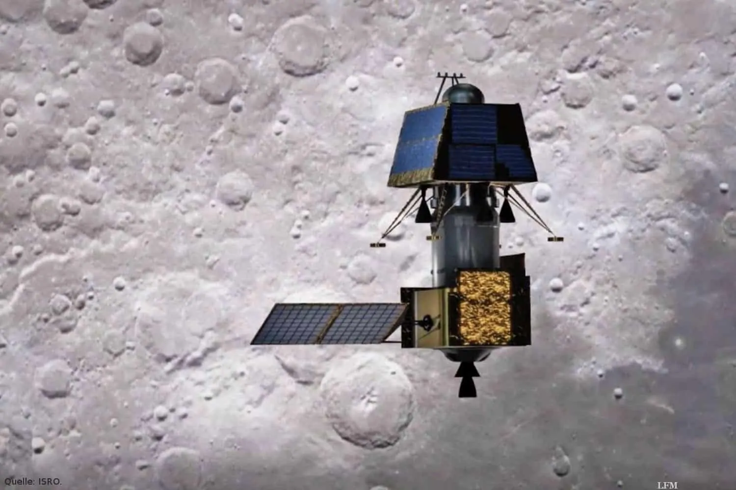 Indischer Mondorbiter Chandrayaan-2 und Mondlandemodul Vikram: Nach dem Start der zweiten indischen Mondmission, Chandrayaan-2, am 22. Juli 2019 vom indischen Weltraumbahnhof Sriharikota erreichte die Sonde am 20. August die Mondumlaufbahn. Am 2. September wurde die Landesonde Vikram (in der künstlerischen Darstellung der obere Teil des Raumsonden-Gespanns) von Chandrayaan-2 abgetrennt und absolvierte erfolgreich zwei Steuermanöver, die das Modul in einen elliptischen Orbit von 101 Kilometern mal 35 Kilometern über der Mondoberfläche lenkten. Die Landung von Vikram in der Nähe des lunaren Südpols ist für den Abend des 06. September 2019 (MESZ) vorgesehen.