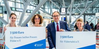 Flughafengeschäftsführer Walter Schoefer überreicht die symbolischen Schecks