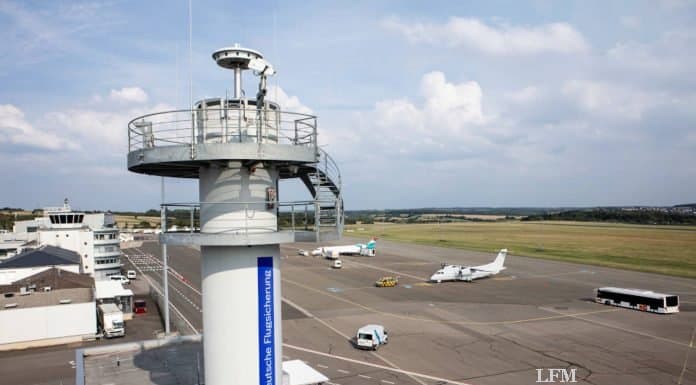 Flugplätze Braunschweig-Wolfsburg und Emden wollen RTC Blick auf den neuen Remote Tower am Flughafen Saarbrücken mit einer 360° Kamera und zwei PTZ Kameras.