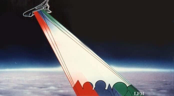Radarmission SIR-C/X-SAR auf der Endeavour: Rückblick Künstlerische Darstellung des Radar Lab an Bord des Space Shuttle, die Endeavour im Rahmen der Shuttle-Radar-Missionen SIR-C/X-SAR 1994.