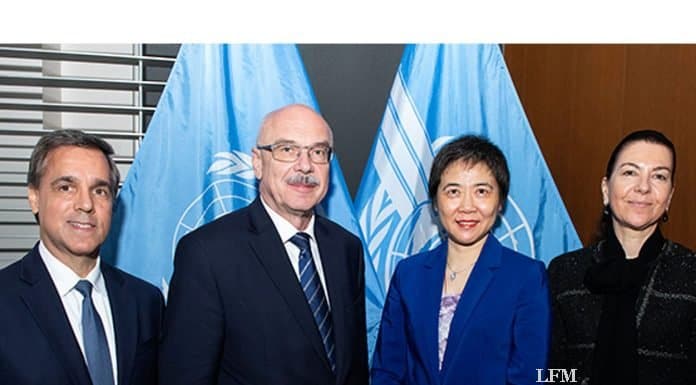 Secretary General Dr. Fang Liu mit Vladimir Voronkov (Bildmitte), Untersekretär der Antiterrorismusstelle UNOCT (UN Counter-Terrorism Office). Auch Michèle Coninsx, Executive Director des UN CTED (Counter-Terrorism Committee Executive Directorate) sowie John Brandolino, Director for Treaty Affairs