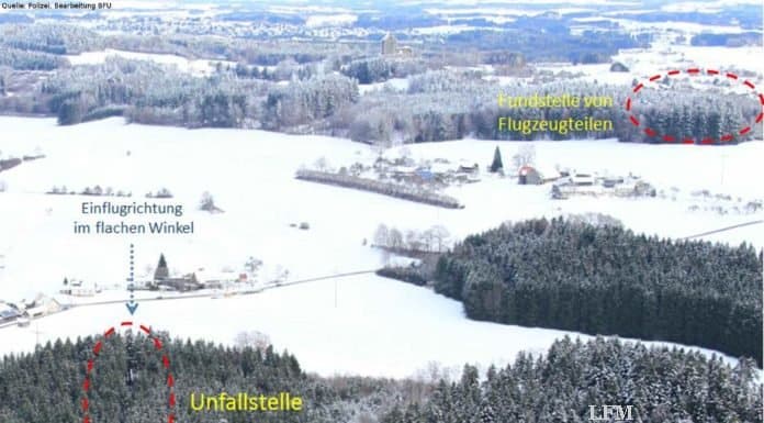 Cessna 510 Mustang: Absturz wegen Vereisung in EDNY Übersicht zur Hindernisberührung und Unfallstelle