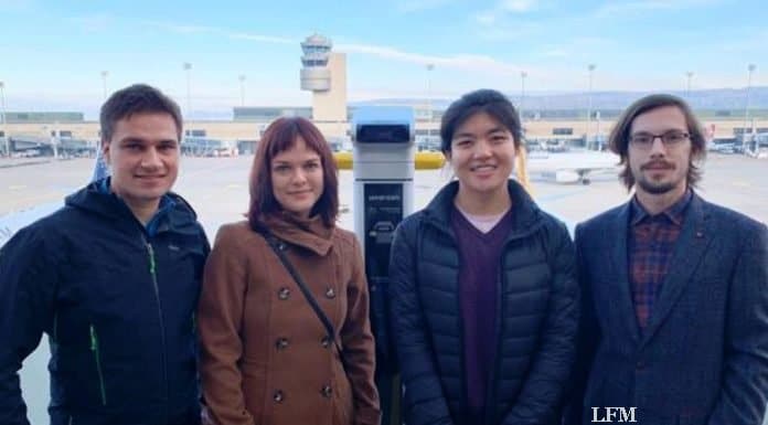 Flughafen Zürich: Nachfolge der Airport Scopes mit ETH Die Studierenden rund um Dr. Martin Oswald (links): Anastasia Sycheva, Shanshan Huang, Christian Scherer (v.r.n.l.), nicht auf dem Foto: Patric Larsen-Ledet.