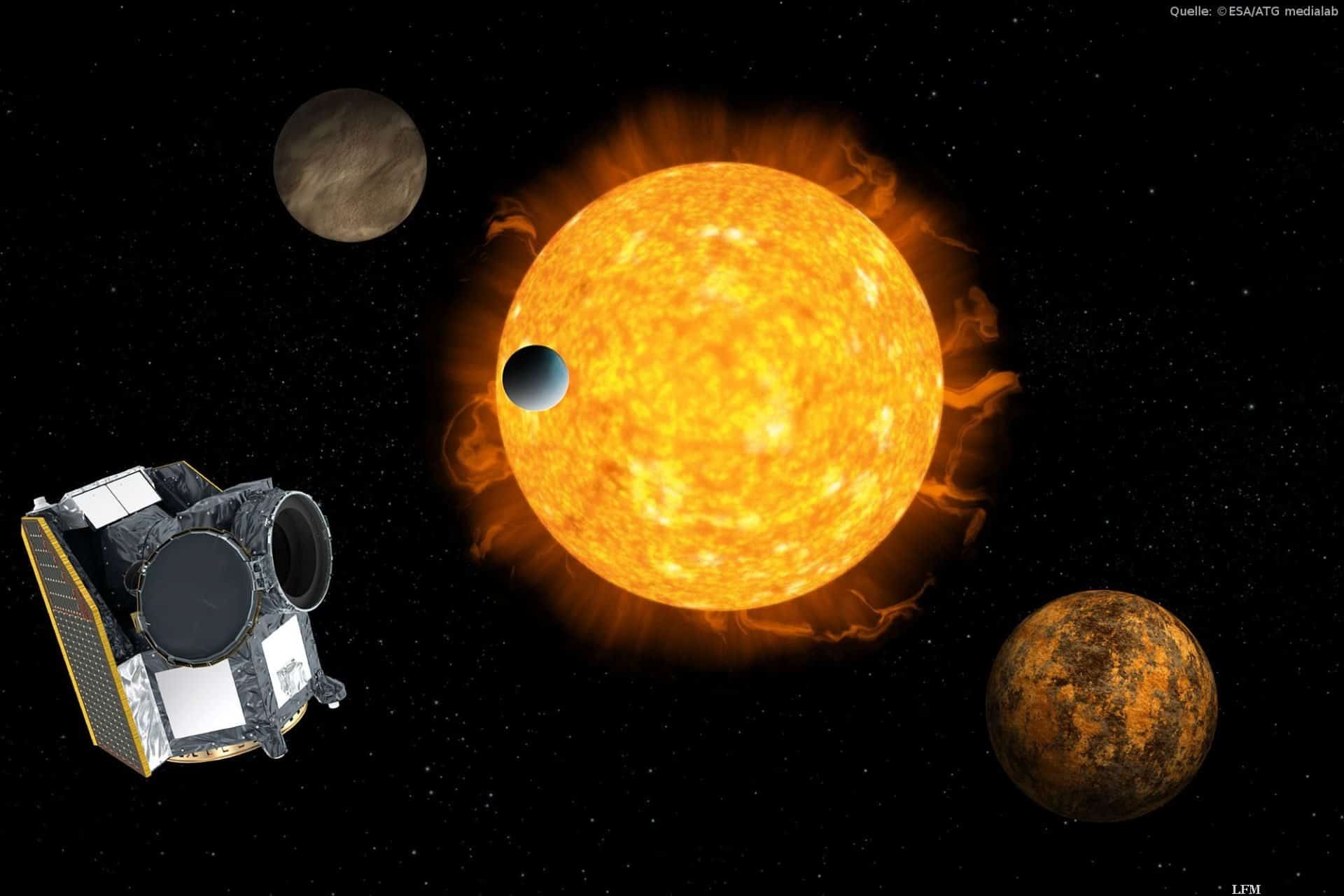 Künstlerische Impression von CHEOPS, dem charakteristischen Exoplaneten-Satelliten, mit einem Exoplaneten-System im Hintergrund: In Wirklichkeit wird sich CHEOPS im Erdorbit befinden und Exoplanetensysteme aus der Ferne untersuchen, wobei es die Größe des Planeten genau misst, während er sich vor seinem Wirtsstern bewegt.