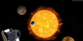 Künstlerische Impression von CHEOPS, dem charakteristischen Exoplaneten-Satelliten, mit einem Exoplaneten-System im Hintergrund: In Wirklichkeit wird sich CHEOPS im Erdorbit befinden und Exoplanetensysteme aus der Ferne untersuchen, wobei es die Größe des Planeten genau misst, während er sich vor seinem Wirtsstern bewegt.