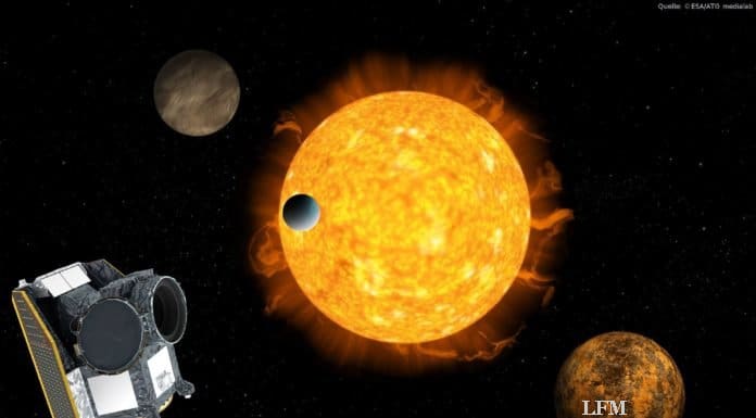 CHEOPS: Exoplaneten und ferne Welten im Fokus Künstlerische Impression von CHEOPS, dem charakteristischen Exoplaneten-Satelliten, mit einem Exoplaneten-System im Hintergrund: In Wirklichkeit wird sich CHEOPS im Erdorbit befinden und Exoplanetensysteme aus der Ferne untersuchen, wobei es die Größe des Planeten genau misst, während er sich vor seinem Wirtsstern bewegt.