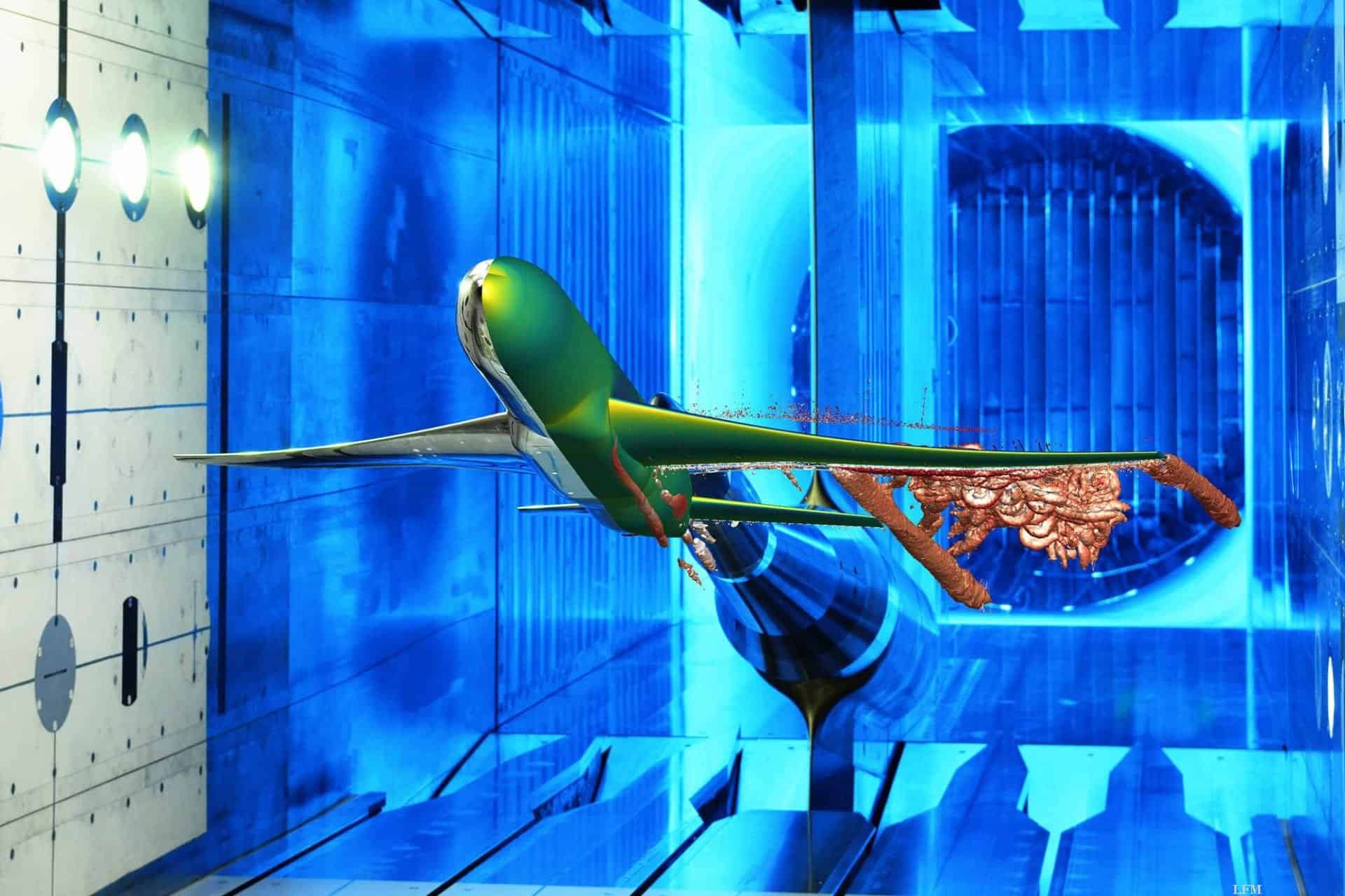 Flugzeugmodell im Transschall-Windkanal: Eine Fotomontage eines Windkanalmodells über das bildlich die numerische Simulation der Aerodynamik eines Verkehrsflugzeus bei hohen Fluggeschwindigkeiten gelegt wurde.
