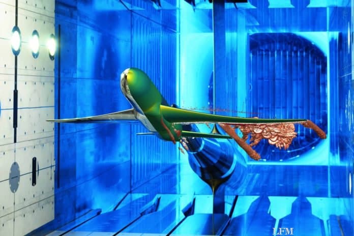 Flugzeugmodell im Transschall-Windkanal: Eine Fotomontage eines Windkanalmodells über das bildlich die numerische Simulation der Aerodynamik eines Verkehrsflugzeus bei hohen Fluggeschwindigkeiten gelegt wurde.