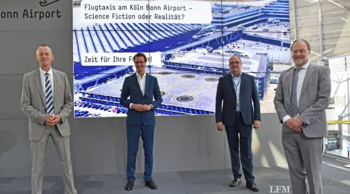 Köln Bonn Airport erfüllt Aspekte als Flugtaxi-Standort NRW-Verkehrsminister Hendrik Wüst MdL besuchte den Airport, um sich über die Ergebnisse zu informieren