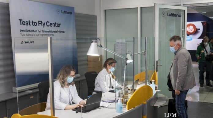 COVID-19 antigen rapid tests on Lufthansa flight LH2058 Lufthansa test center in Terminal 2 at Munich Airport
