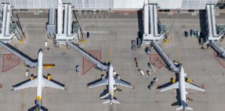 Flughafen München, Vorfeld am Terminal 1, Luftaufnahme