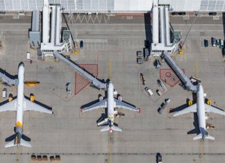 Flughafen München, Vorfeld am Terminal 1, Luftaufnahme