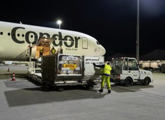 Condor Boeing 767 im Auftrag von DHL Express am Flughafen Halle