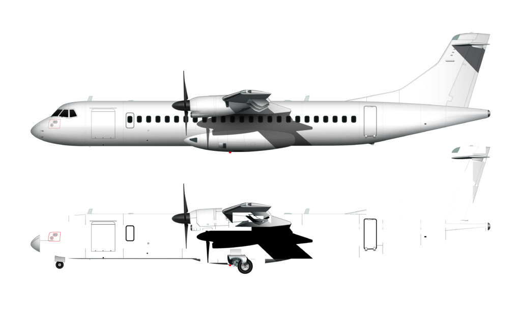 Seitenprofilillustration eines weißen ATR 72 über einem leeren Hintergrund mit und ohne eingesetztem Fahrwerk
