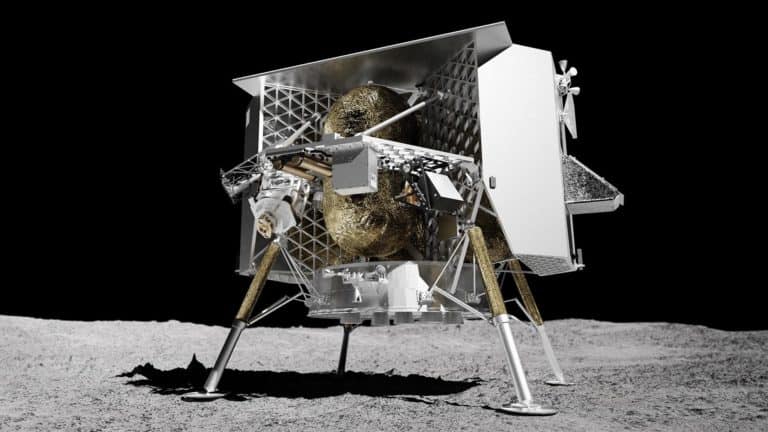 Peregrine-Lander von Astrobotic: Der Start für die Peregrine Mission One ist für Ende 2021 geplant. Der Peregrine Lander des US-Raumfahrtunternehmens Astrobotic ist etwa 1,90 Meter hoch und 2,50 Meter breit. Der M-42 Strahlungsdetektor wird an einer Seitenklappe befestigt.