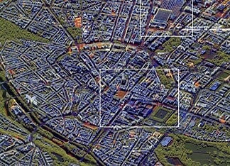 Mit RADIAN verarbeitete TerraSAR-X-Zeitserie über München: Mit RADIAN zu einem Falschfarbenbild verarbeitete TerraSAR-X Zeitserie über München, aufgebaut aus 50 Aufnahmen über ein Jahr. Rot: Über den Zeitraum sich verändernde Strukturen; Grün: Vegetation; Blau: Statische Strukturen.