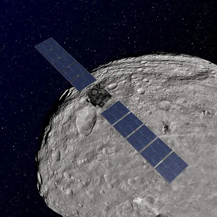 Dawn-Mission am Asteroiden Vesta Dawn-Mission am Asteroiden Vesta: Dawn (‚Morgenröte‘) war eine NASA-Mission der Discovery-Klasse und startete 2007 zu einer Forschungsreise in den Asteroiden-Hauptgürtel zwischen Mars und Jupiter. Erstes Ziel der Mission war der Asteroid Vesta, der zwischen Juli 2011 und September 2012 aus unterschiedlich hohen Umlaufbahnen beobachtet wurde. Mit den vier Instrumenten an Bord von Dawn wurde Vesta fast komplett kartiert, die mineralogische Zusammensetzung des Asteroiden erforscht und sein genaues Gravitationsfeld bestimmt. Anschließend flog die Dawn-Sonde zu ihrem zweiten Ziel, dem Zwergplaneten Ceres.