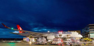 Umgebautes Passagierflugzeuge (P2F) zum Transport von Waren am Flughafen Stuttgart