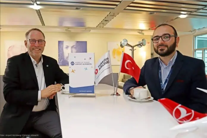 Direktor von Turkish Airlines am Airport Nürnberg Abdullah Ömer Celik (rechts) und Flughafengeschäftsführer Dr. Michael Hupe in der Dürer Lounge.