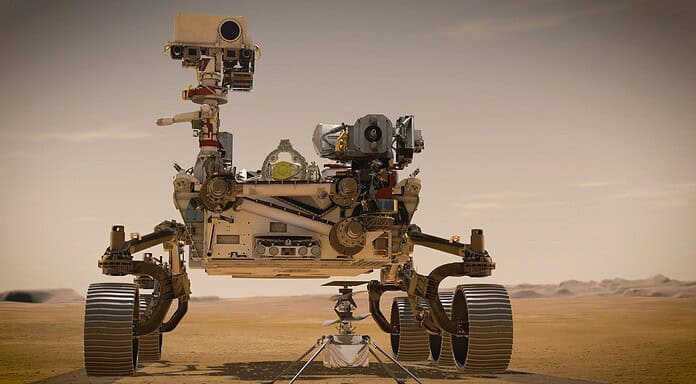 NASA Rover Perseverance lauscht in dünner Mars-Atmosphäre Mars-Rover “Perseverance” und Hubschrauberdrohne “Ingenuity”: Am 18. Februar 2021 landeten der Mars 2020 Rover Perseverance der NASA und der mitgeführte Marshelikopter Ingenuity im Krater Jezero. Perseverance ist der komplexeste Rover, den die NASA jemals zum Mars geschickt hat. Ingenuity, ein Technologieexperiment, ist das erste Luftfahrzeug, das einen kontrollierten Flug auf einem anderen Planeten versuchen wird. Die 50 cm hohe Helikopterdrohne ist an der Unterseite von Perseverance angebracht und wird von dort auf dem Boden abgesetzt, ehe Perseverance auf einige Meter Distanz wegrollen und die Flugdemonstration mit den Roverkameras verfolgen wird.