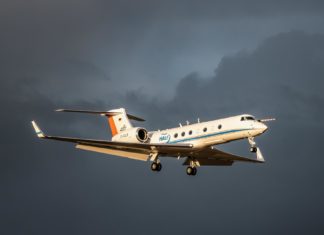 HALO im Anflug auf den Flughafen in Edmonton: Insgesamt ist HALO im Rahmen der Mission CoMet 2.0 Arctic rund 140 Flugstunden im Einsatz.