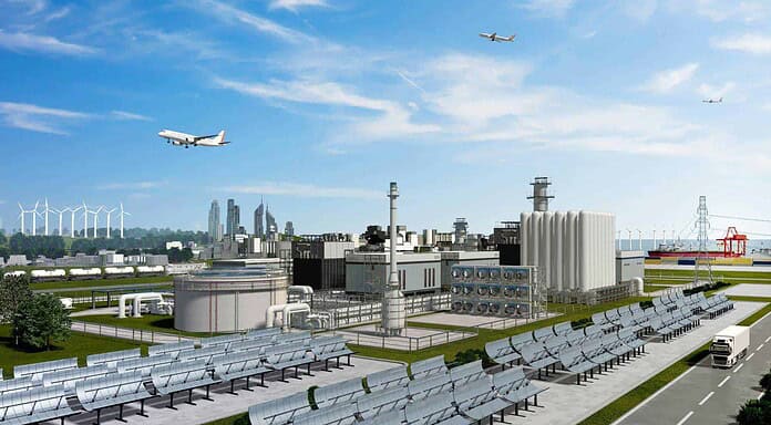 Strombasierte Kraftstoffe: DLR forscht an E-Fuels bzw. Power-to-Liquid-Kraftstoffen Visualisierung Technologie-Plattform PtL (TPP): Mit der Technologie-Plattform PtL (TPP) schließt das DLR die technologische Lücke zwischen Forschung und industrieller Produktion strombasierter Kraftstoffe.