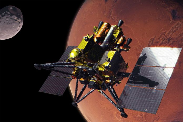 MMX-Raumsonde: Die MMX-Raumsonde besteht aus drei Modulen. Das Erkundungsmodul hat Landebeine, Probennehmer und einige Instrumente sowie den MMX-Rover an Bord. Das Erkundungsmodul ist mit dem Rückkehrmodul und mit der Probenrückholkapsel verbunden, die wiederum mit dem Antriebsmodul verbunden ist, das mit Treibstofftanks und Raketentriebwerken ausgestattet ist.