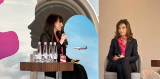 Yvonne Moynihan (v.l.), Corporate and ESG Officer bei Wizz Air, und Charlotte Pedersen, Vorstandsmitglied von Wizz Air