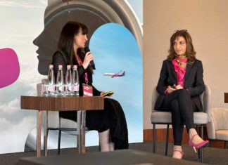 Yvonne Moynihan (v.l.), Corporate and ESG Officer bei Wizz Air, und Charlotte Pedersen, Vorstandsmitglied von Wizz Air