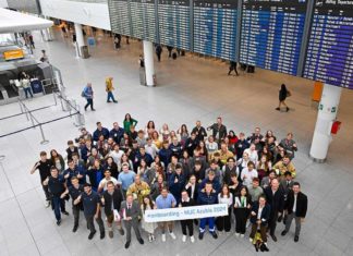 Gruppenfoto der neuen Auszubildenden und dual Studierenden 2024 im Flughafen München Konzern