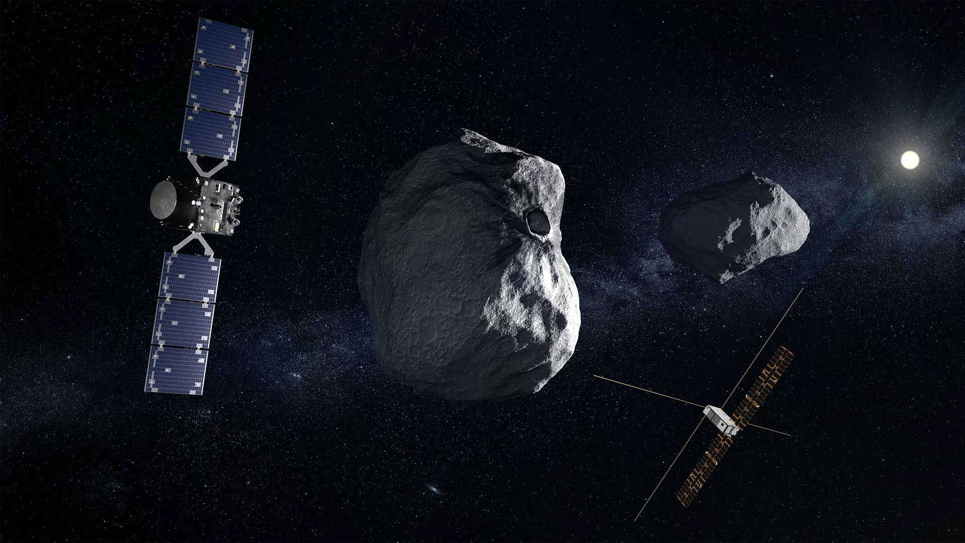 Hera spacecraft in front of the binary asteroids Didymos and Dimorphos: The Hera spacecraft will study the binary asteroids Didymos and Dimorphos in 2026 for six months to determine exactly how the orbital periods and shapes of the asteroids have changed since the impact of NASA's DART probe in 2022. Hera is equipped with twelve measuring instruments for this purpose. The most important are the two Asteroid Framing Cameras – two redundant, monochromatic cameras – which are used to determine the spacecraft's position in the asteroid system. They are essential for the probe's navigation. Hera also carries two CubeSats, Juventas and Milani, each the size of a shoebox. They will move closer to Dimorphos and, in the final phase of the mission, even land on it to measure its surface, internal structure, and gravity.     