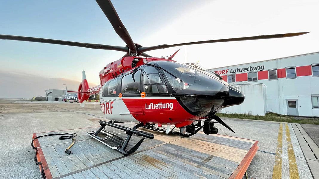 The new Christoph 43, a state-of-the-art H145 with a five-blade rotor, on the landing pad at the Karlsruhe station.