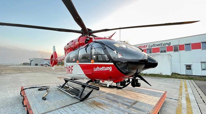 DRF Luftrettung: New Christoph 43 for Karlsruhe The new Christoph 43, a state-of-the-art H145 with a five-blade rotor, on the landing pad at the Karlsruhe station.