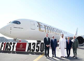 V.l.n.r.: Oliver Christian, HM Handelsbeauftragter Naher Osten und Pakistan & Generalkonsul in Dubai und den nördlichen Emiraten; Sir Tim Clark, Präsident Emirates Airline; Seine Exzellenz Abdulla Bin Touq Al Marri, Wirtschaftsminister VAE; Omar Ali Adib, SVP Kunden Naher Osten und Afrika Rolls Royce; Philippe Mhun, Geschäftsführender Vizepräsident Programme & Services Airbus.