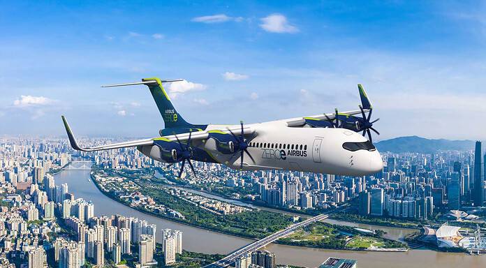 Airbus präsentiert neue Wasserstoffstrategie ZEROe, ein vollelektrisches, wasserstoffbetriebenes Flugzeug mit vier Pods