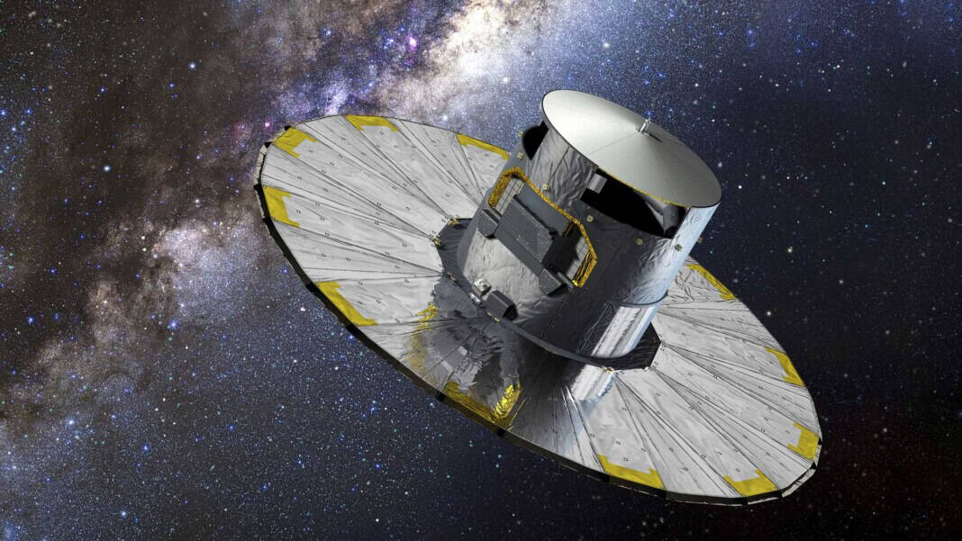 Die Raumsonde Gaia: Der Wissenschaftssatellit Gaia der Europäischen Weltraumorganisation ESA, hier in künstlerischer Darstellung, wird am 27. März 2025 mit einem letzten Befehl in den endgültigen Ruhezustand versetzt. An diesem Zeitpunkt wird der Satellit über zehn Jahre lang wissenschaftliche Daten gesammelt haben. Insgesamt wird aus den Daten von Gaia bis 2030 der bislang größte existierende Sternenkatalog entstehen. Er soll fast zwei Milliarden Himmelskörper – also rund ein Prozent unserer Galaxie – erfassen.