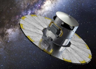 Die Raumsonde Gaia: Der Wissenschaftssatellit Gaia der Europäischen Weltraumorganisation ESA, hier in künstlerischer Darstellung, wird am 27. März 2025 mit einem letzten Befehl in den endgültigen Ruhezustand versetzt. An diesem Zeitpunkt wird der Satellit über zehn Jahre lang wissenschaftliche Daten gesammelt haben. Insgesamt wird aus den Daten von Gaia bis 2030 der bislang größte existierende Sternenkatalog entstehen. Er soll fast zwei Milliarden Himmelskörper – also rund ein Prozent unserer Galaxie – erfassen.