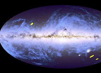 Euclid Deep Fields: Die Grafik zeigt die Position der Euclid Deep Fields (gelb). Dabei handelt es sich um besonders tiefe Einblicke in Bereiche unseres Universums. Die Gesamtansicht des Himmels ist eine Überlagerung der Sternenkarte der Sonde Gaia der Europäischen Weltraumorganisation ESA von 2018 und der Staubkarte der ESA-Sonde Planck aus dem Jahr 2014. Der Himmel ist im galaktischen Koordinatensystem abgebildet, wobei das helle horizontale Band der Ebene unserer Milchstraßengalaxie entspricht, in der sich der Großteil ihrer Sterne befindet.