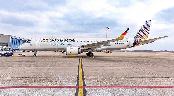 German Airways erweitert Flotte mit Embraer E190 und stärkt Europanetz Embraer E190 der German Airways in neuester Bemalung