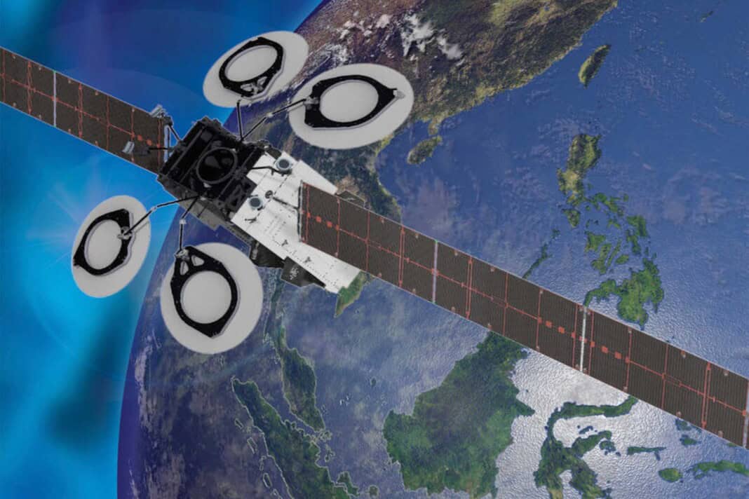 On-orbit rendering of the Nusantara Lima (SNL) satellite overlooking the Indonesian archipelago