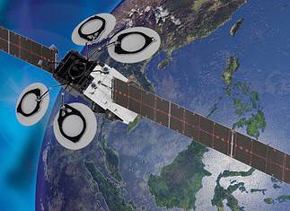On-orbit rendering of the Nusantara Lima (SNL) satellite overlooking the Indonesian archipelago