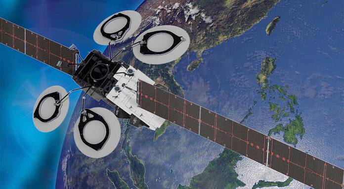 Boeing liefert SNL-Satellit an PSN für Indonesiens Vernetzung On-Orbit-Rendering des Satelliten Satelit Nusantara Lima (SNL) mit Blick auf den indonesischen Archipel